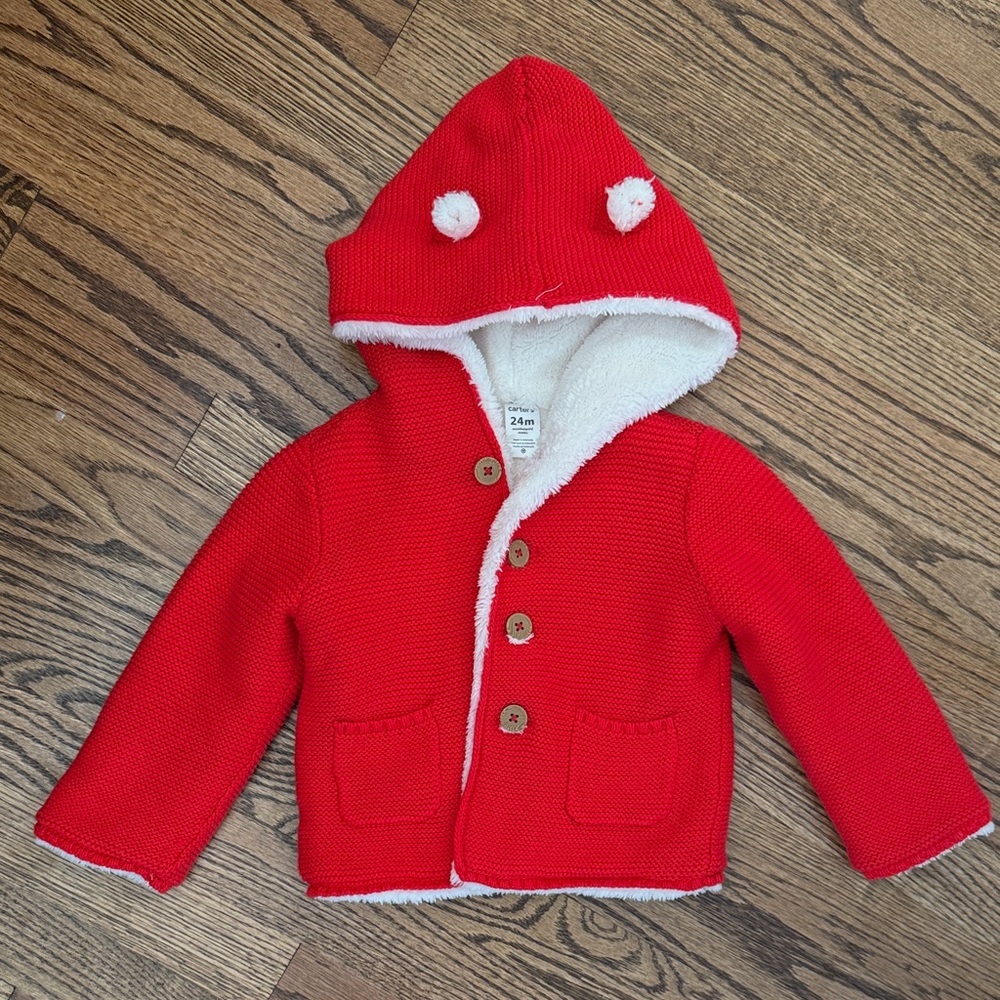 Carters Red Knit Button Coat Baby Sherpa Hooded Size 12M - Picture 4 of 7
